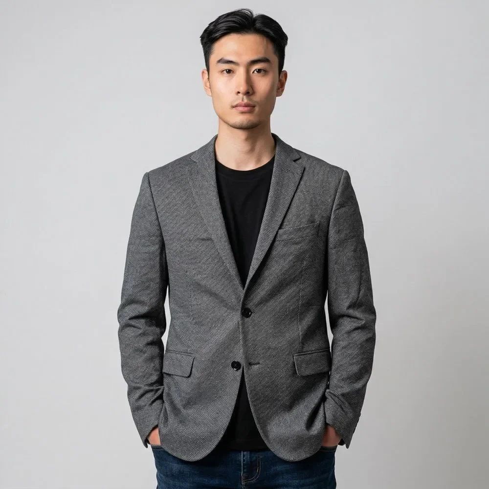 Zara Men's Gray Herringbone Blazer with Pockets Tweed business casual size 42